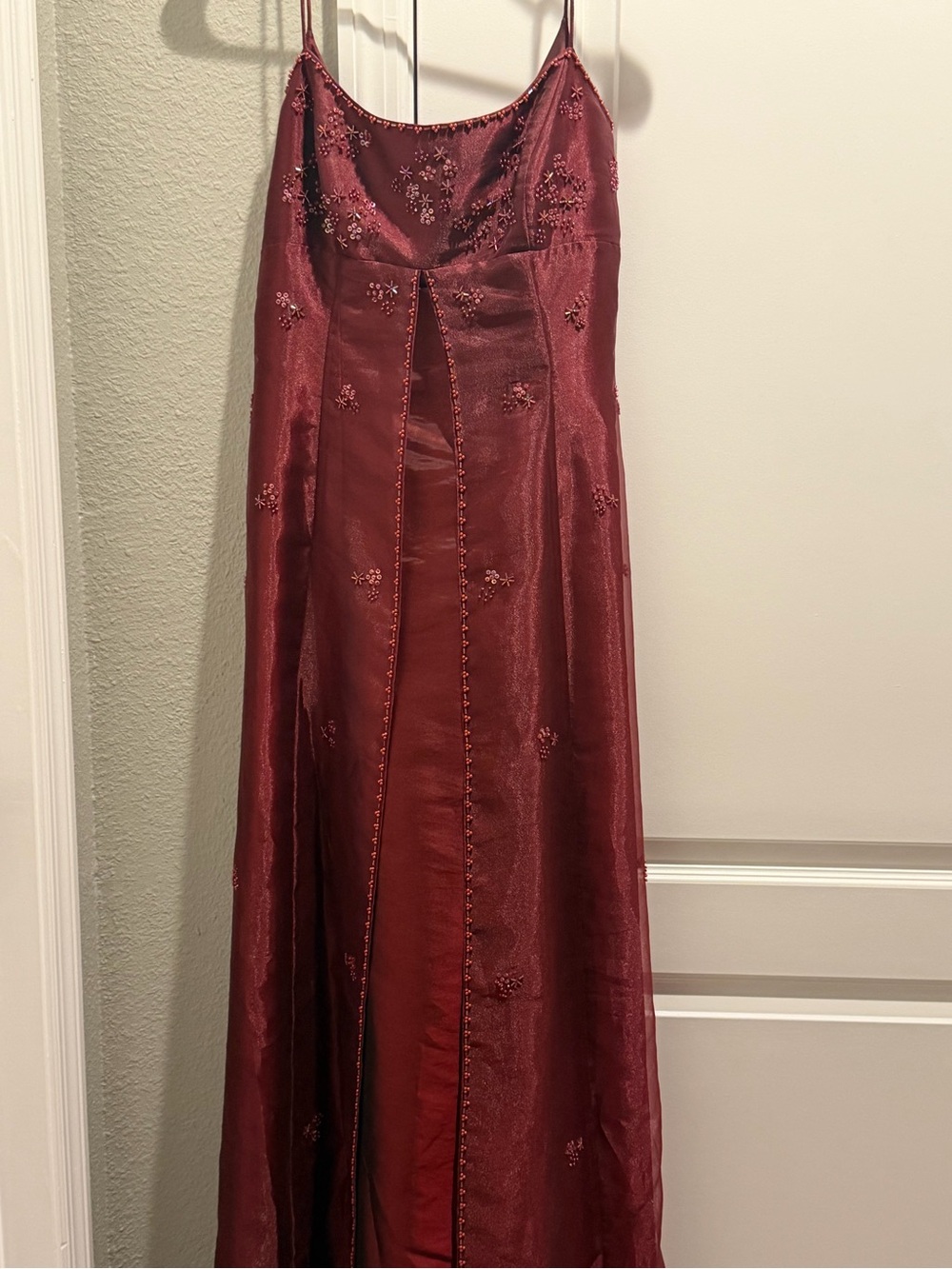 Elegant Burgundy Beaded Maxi Slip Dress with Spaghetti Straps